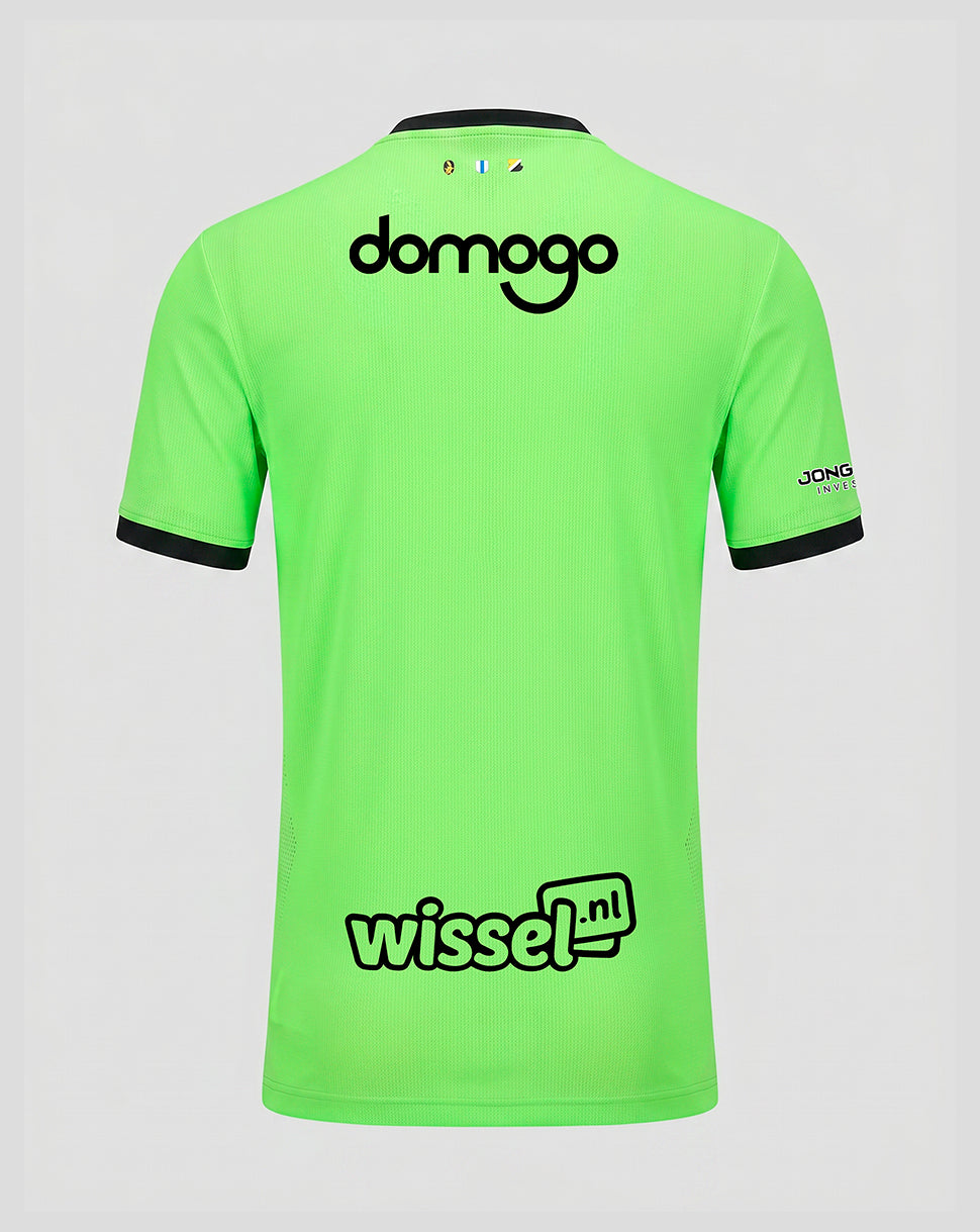 Back view of neon green FC Utrecht goalkeeper shirt with large domogo logo across the upper back.