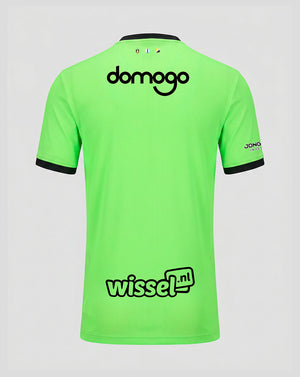 Back view of neon green FC Utrecht goalkeeper shirt with large domogo logo across the upper back.