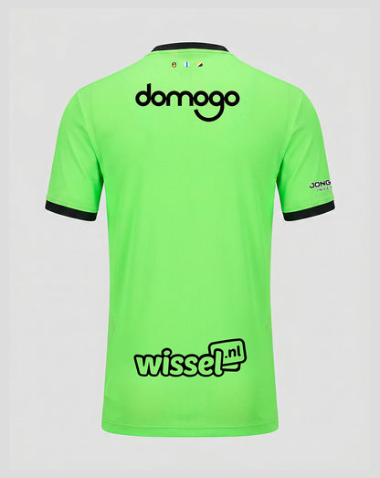 Back view of neon green FC Utrecht goalkeeper shirt with large domogo logo across the upper back.