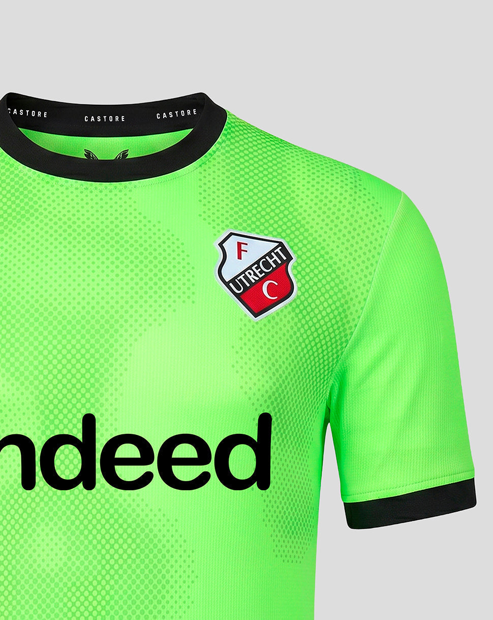 Bright neon green FC Utrecht goalkeeper jersey with crest on the left chest and bold sponsor text across the front.