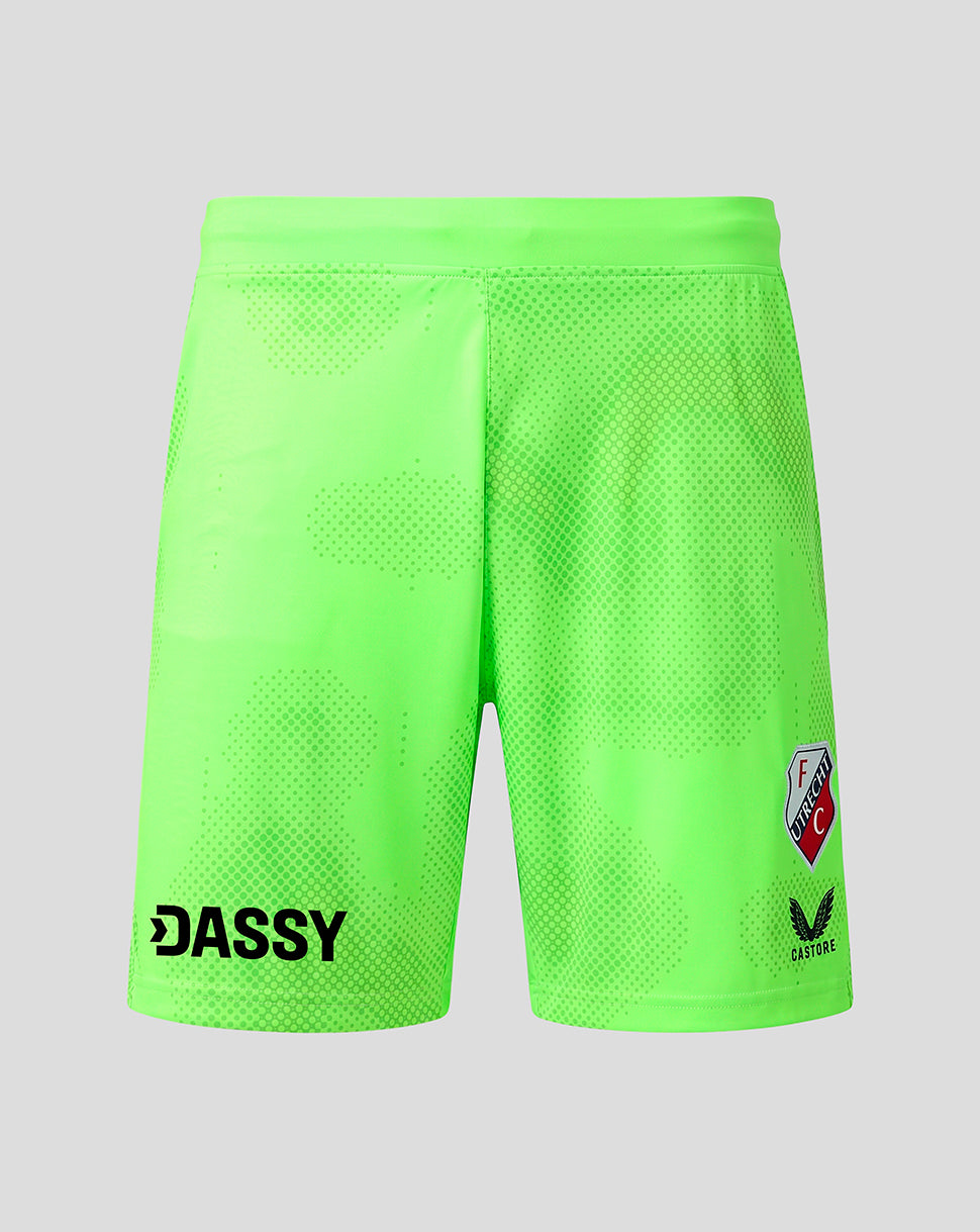 Front view of neon green FC Utrecht goalkeeper shorts with dotted pattern and DASSY branding along the leg