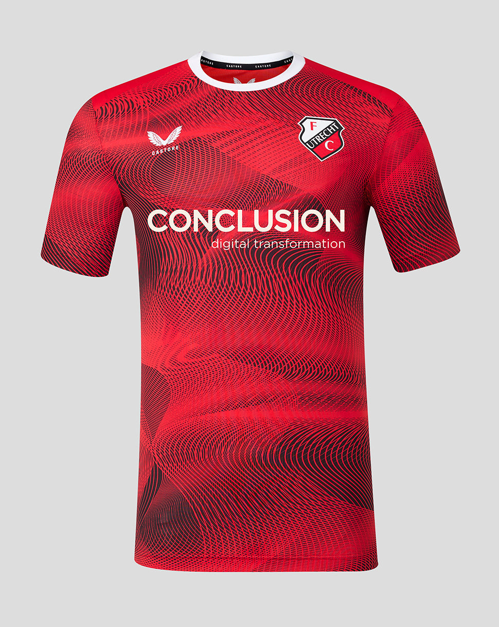 Front view of FC Utrecht red matchday shirt with a black swirling pattern and CONCLUSION across the chest beside the club crest.