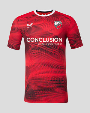 Front view of red FC Utrecht Junior 26/27 Matchday Shirt with swirling pattern and club crest.