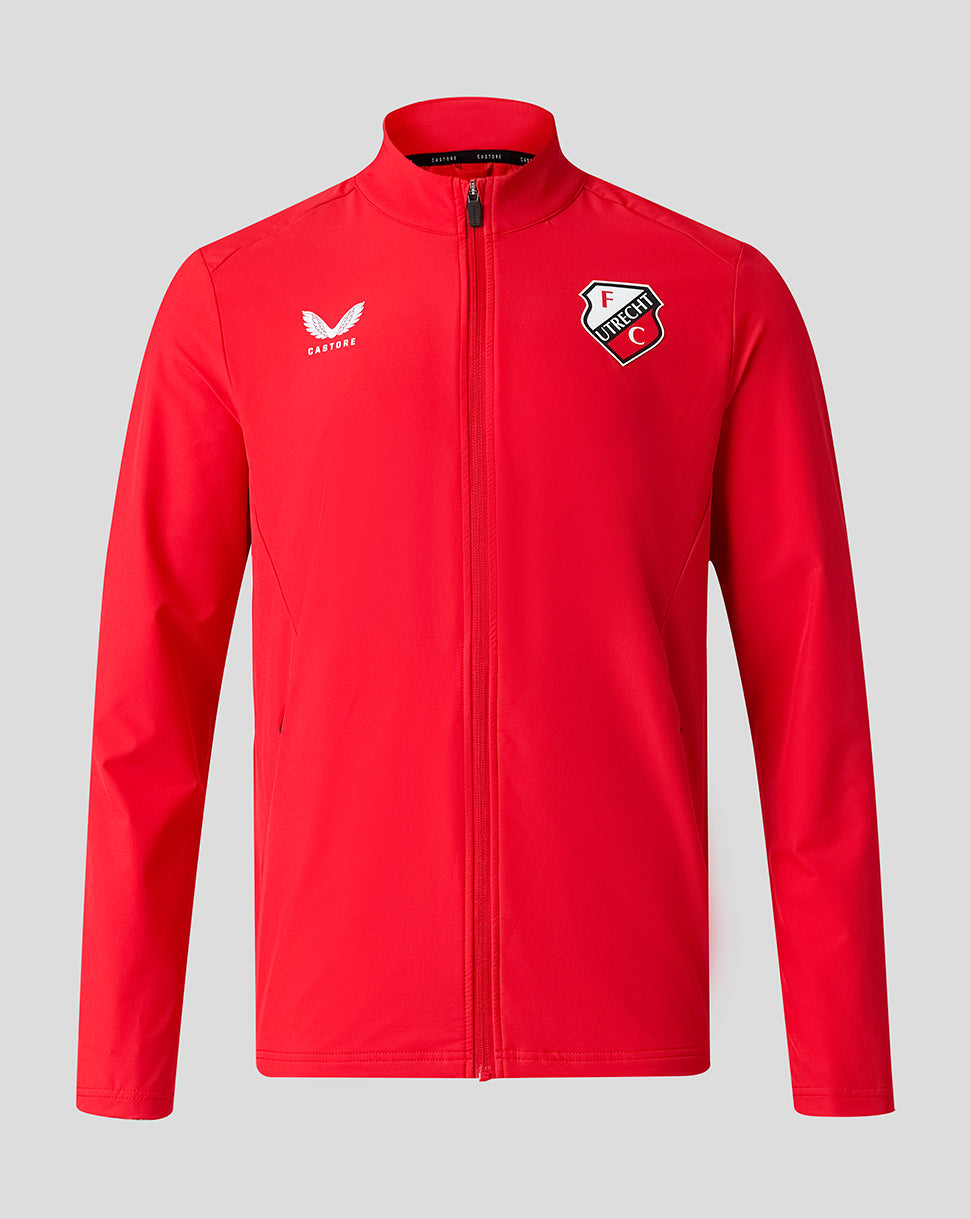Front view of red FC Utrecht 26/27 Matchday Jacket with crest on the chest and Castore branding