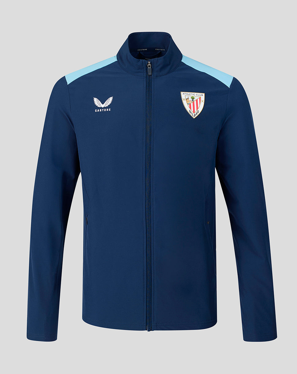 Navy Athletic Club third matchday jacket with light blue shoulder panels, full zip and crest on chest.