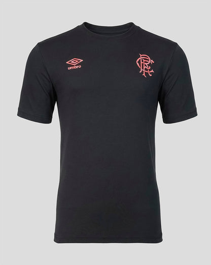Black t-shirt with a logo on the chest against a gray background