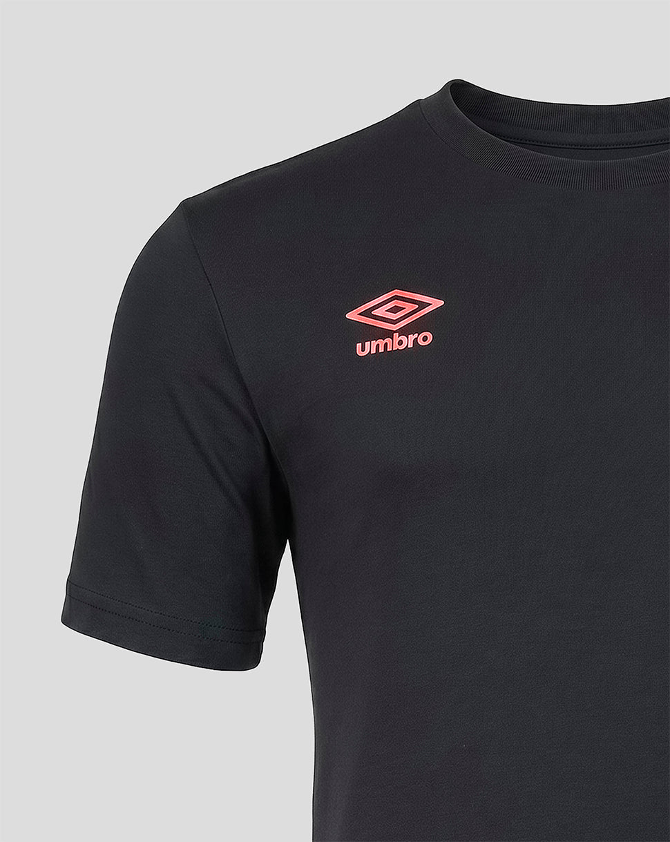Black t-shirt with a red Umbro logo on a light gray background