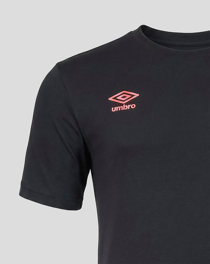 Black t-shirt with a red Umbro logo on a light gray background