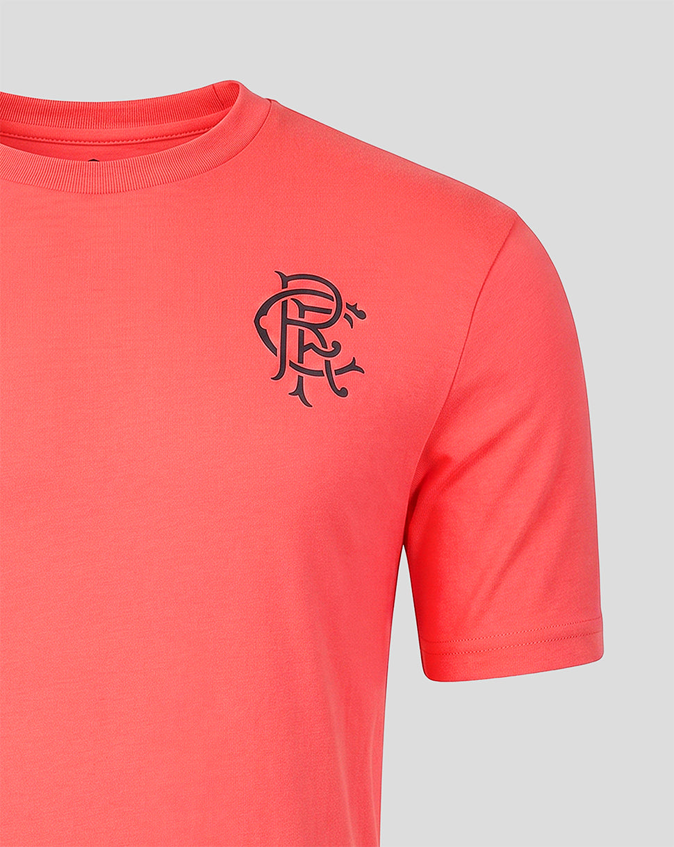 Red t-shirt with a black logo on a gray background