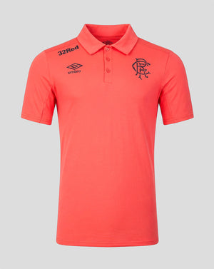 Red polo shirt with '32Red' and 'Umbro' branding on a gray background