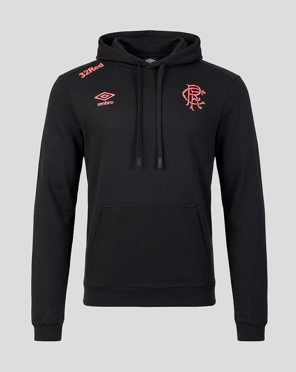 Black hoodie with red branding on a gray background