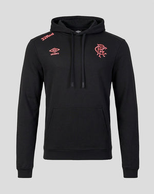 Black hoodie with red branding on a gray background