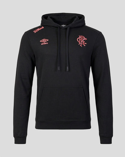 Black hoodie with red branding on a gray background
