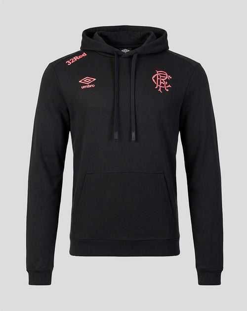 Black hoodie with red branding on a gray background