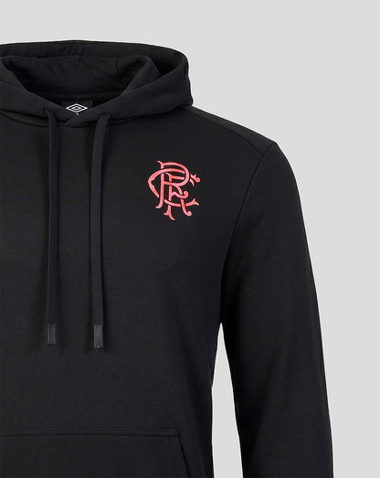 Black hoodie with a red logo on a light gray background