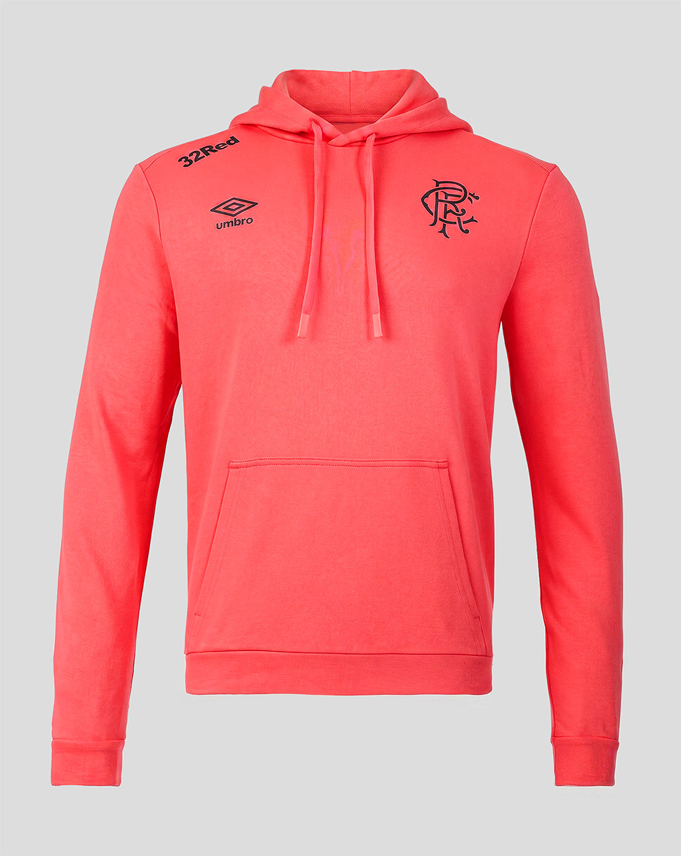 Red hoodie with logos on a gray background