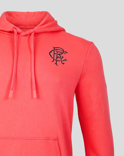 Red hoodie with a logo on the chest against a gray background