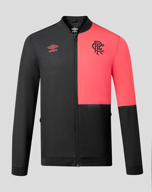 Two-tone black and red jacket with visible branding on a gray background