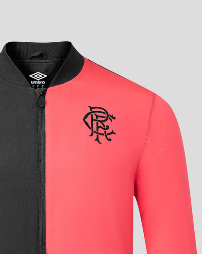 Black and red jacket with a logo on a gray background