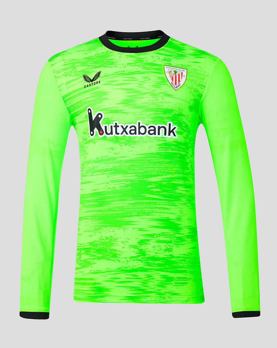 Front view of neon green Athletic Club goalkeeper jersey featuring Kutxabank sponsor and crest.