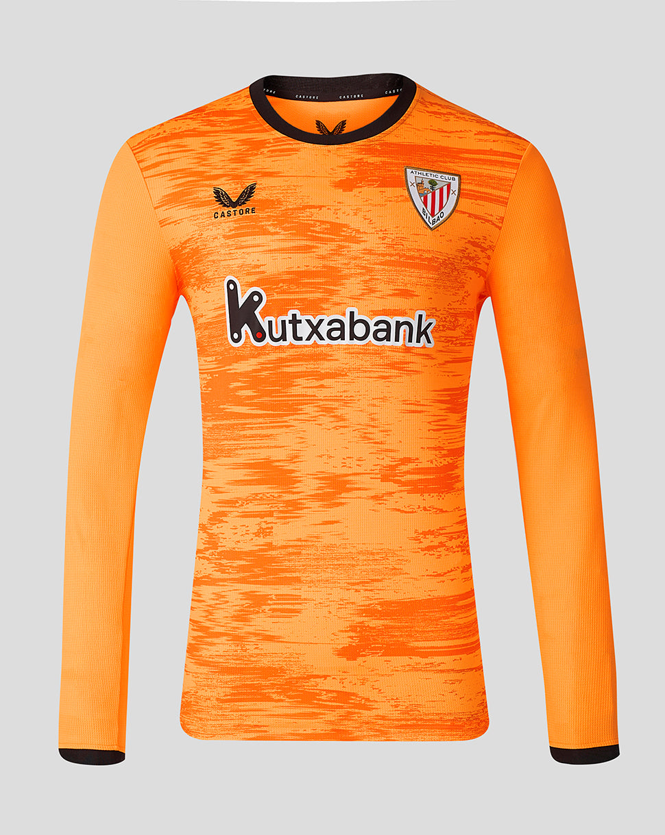 Athletic Club third kit goalkeeper jersey in bright orange with black collar and Kutxabank sponsor across the chest.
