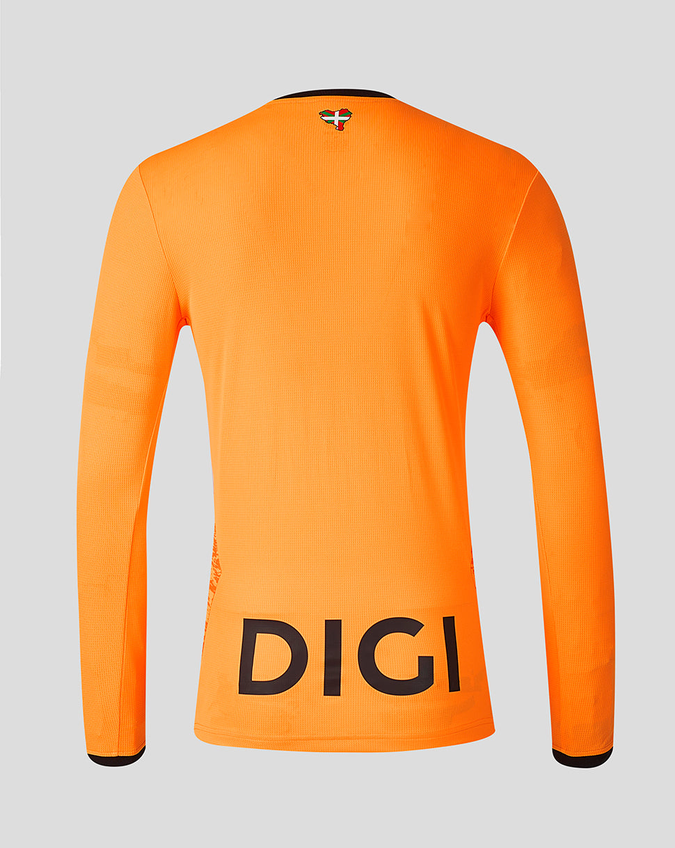 Back view of bright orange Athletic Club third goalkeeper long sleeve shirt with large DIGI on the lower back and a small crest near the collar.