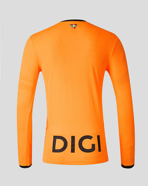 Back view of bright orange Athletic Club third goalkeeper long sleeve shirt with large DIGI on the lower back and a small crest near the collar.