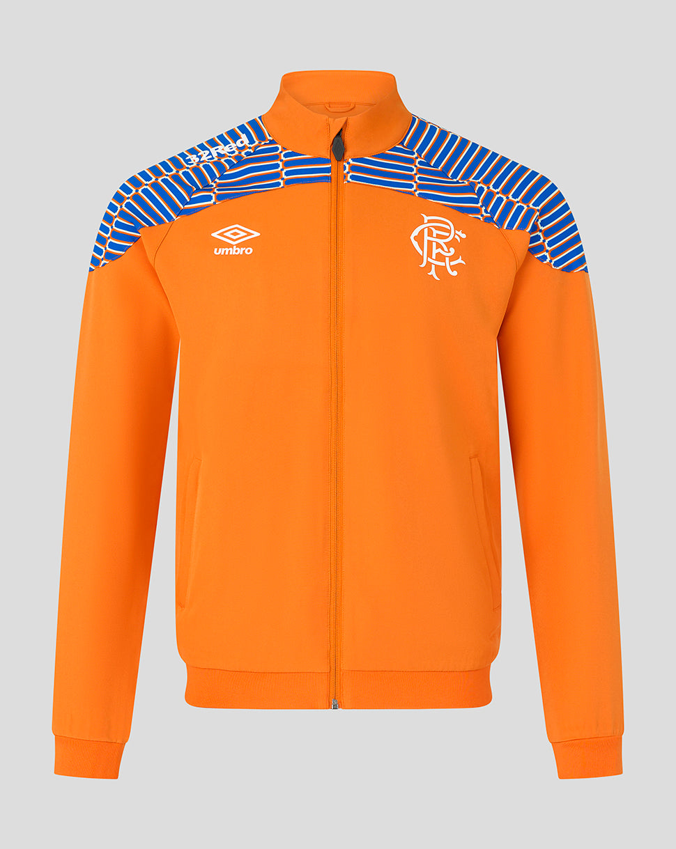 An orange full-zip track jacket with blue and white striped patterned shoulder panels, featuring the Umbro logo on the right chest and the Rangers FC crest on the left chest, shown against a solid gray background.