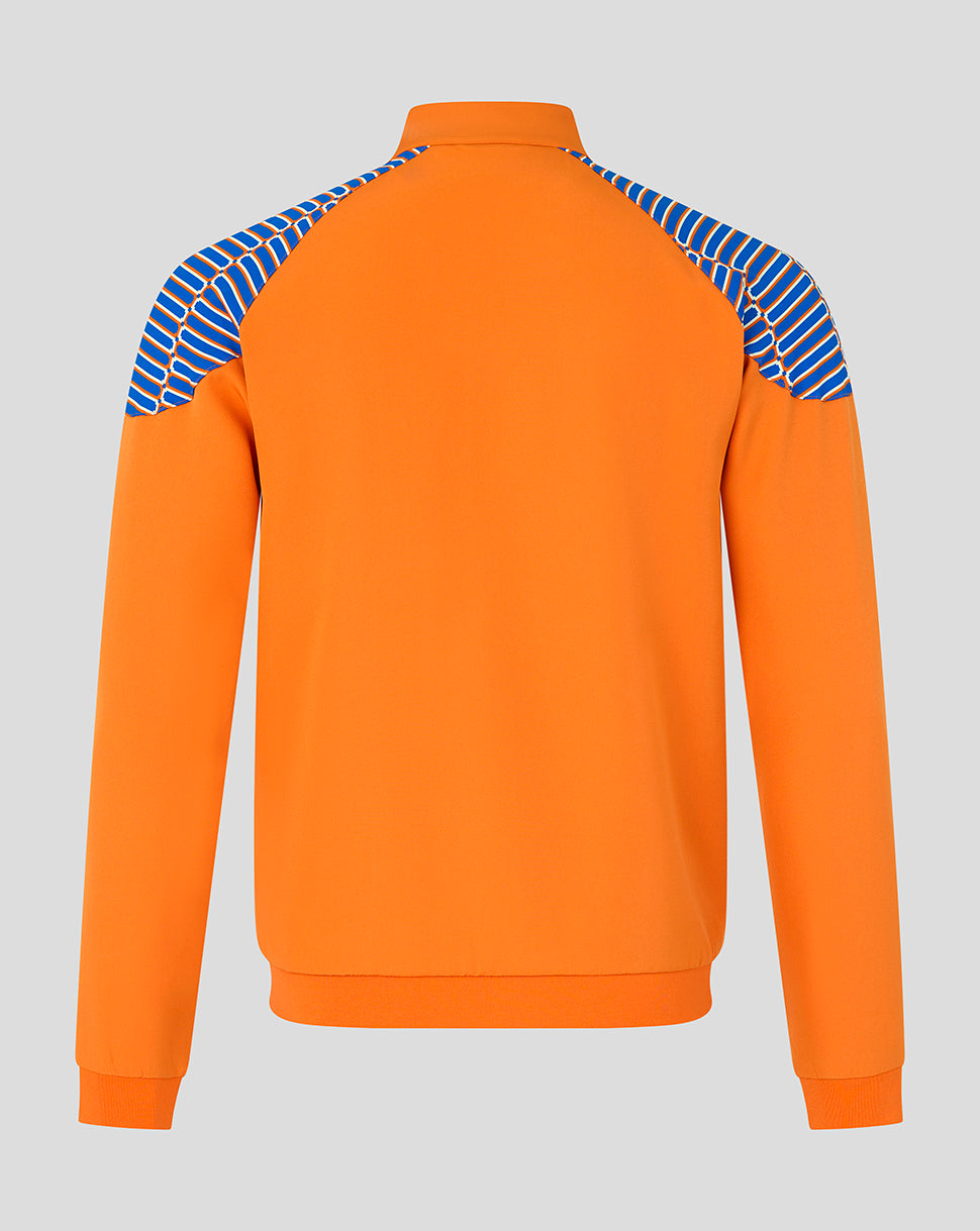 Bright orange long-sleeve quarter-zip sweatshirt shown from the back, featuring blue and white diagonal striped knit shoulder panels, on a light gray background.
