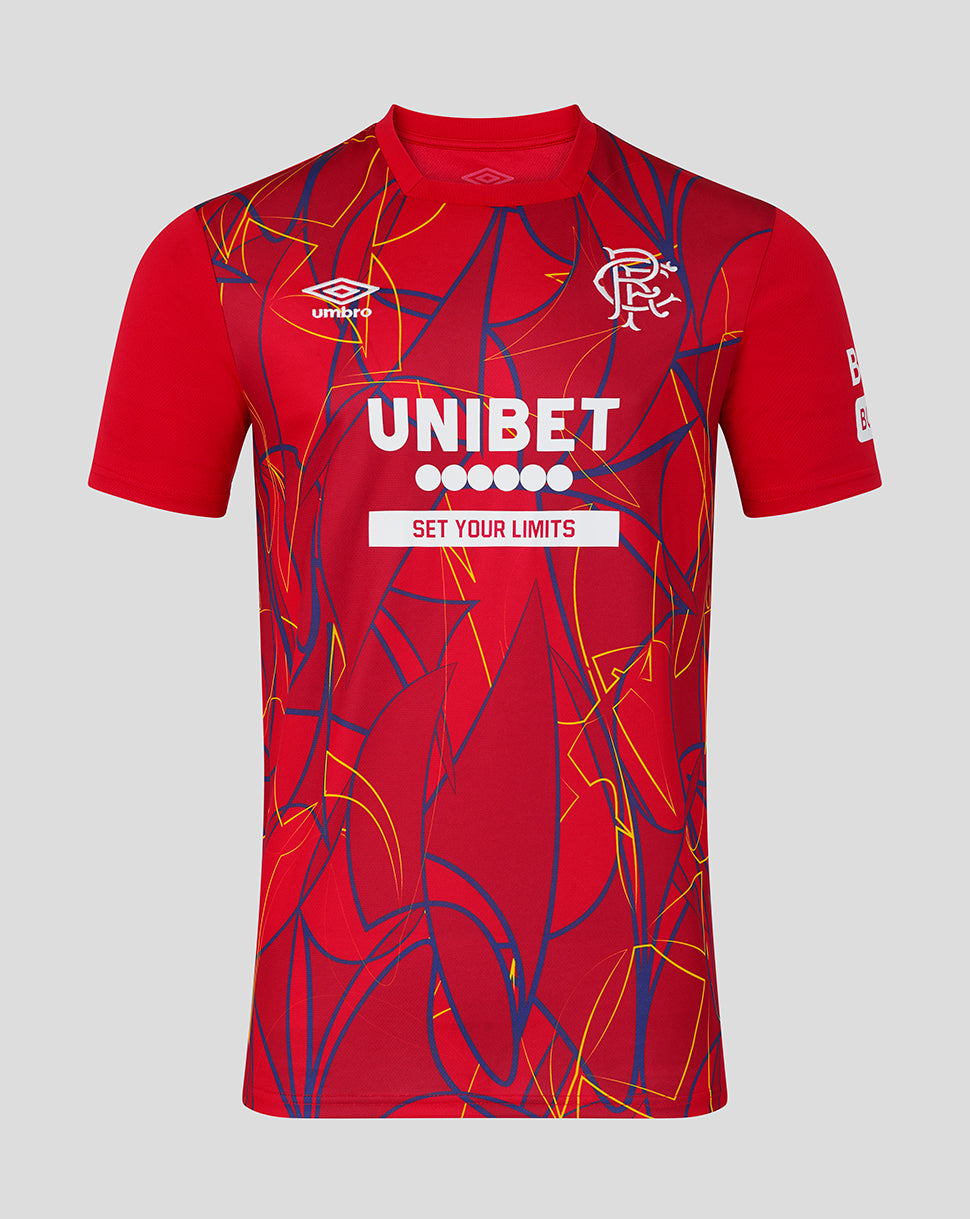 Red sports jersey with branding on a gray background
