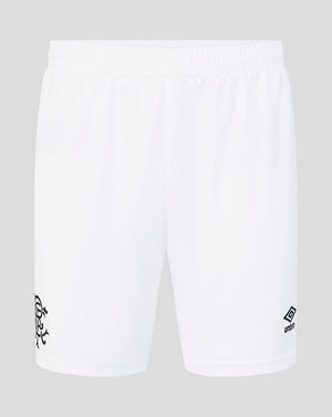 White shorts with black logos on a light gray background