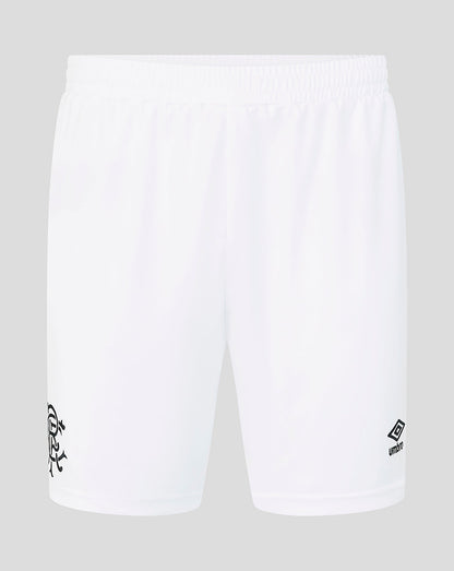 White shorts with black logos on a light gray background