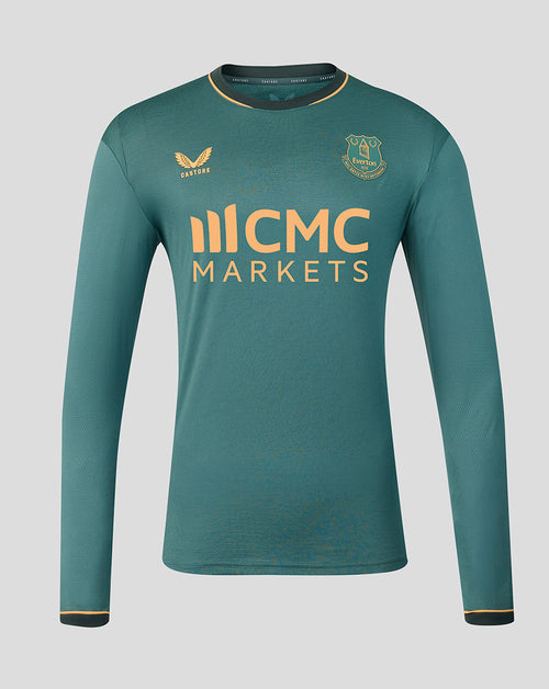 Front view of Everton FC 26/27 third long sleeve shirt in teal with gold sponsor logo and club crest