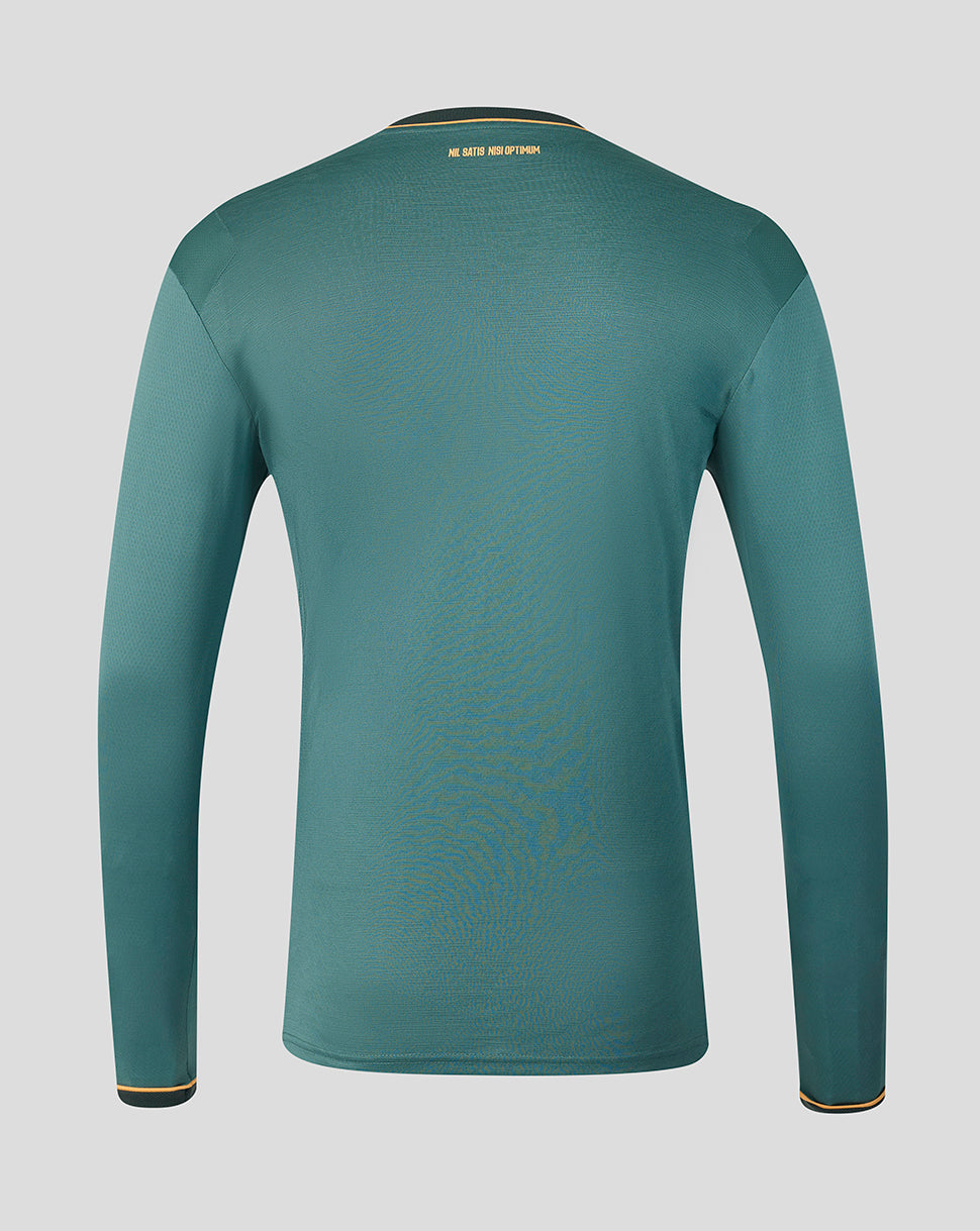 Back view of teal Everton 26/27 third long sleeve shirt with gold trim at the neck and cuffs