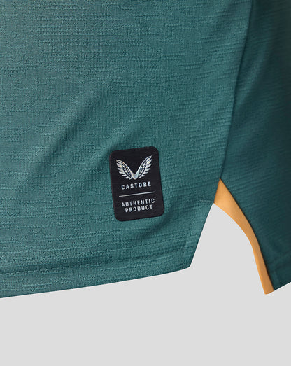 Teal Everton 26/27 third long sleeve shirt close up showing Castore authentic product patch on the lower front.