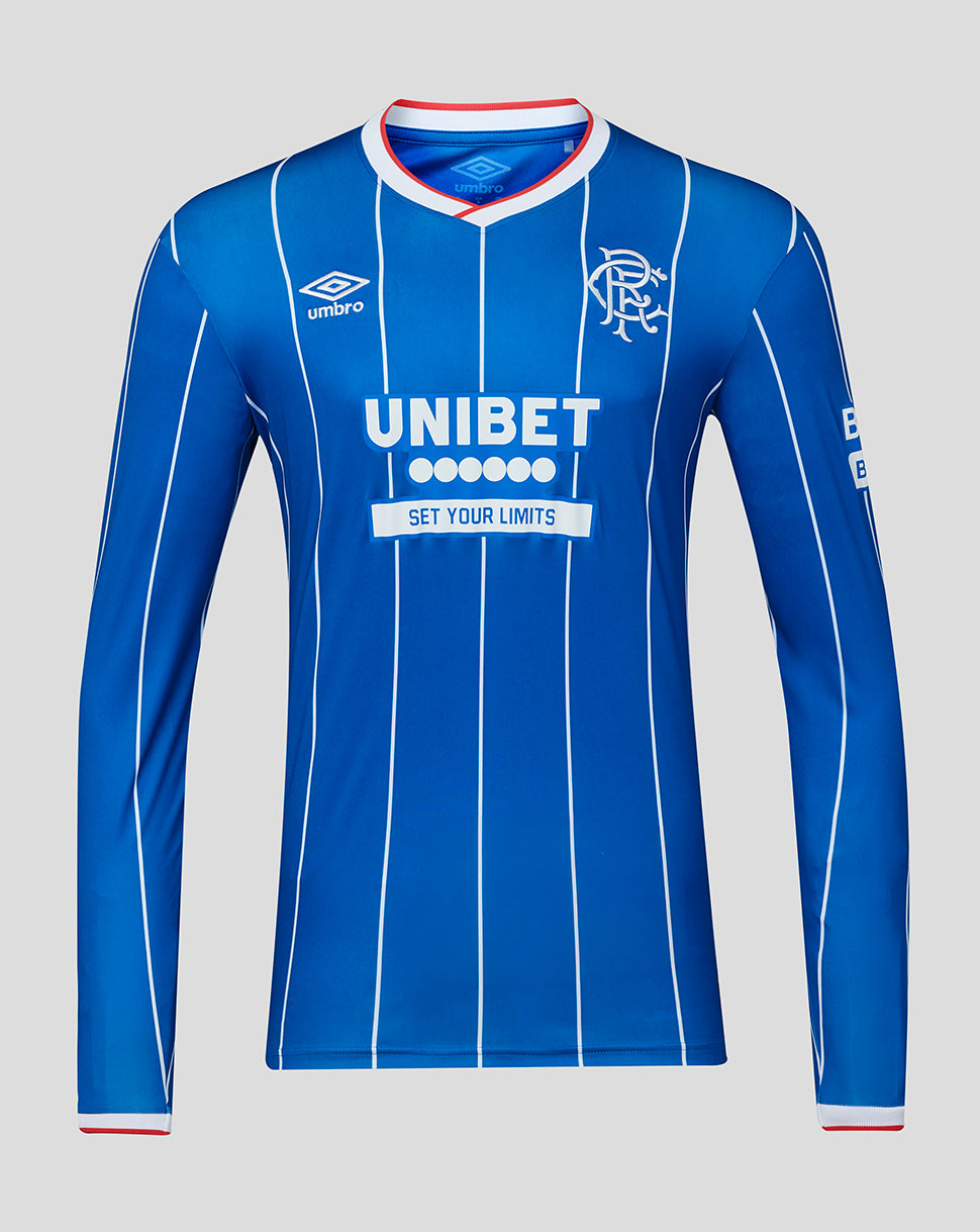 Blue sports jersey with white accents and branding on a gray background
