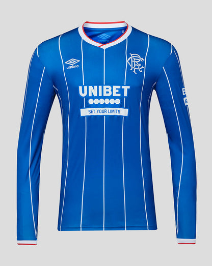 Blue sports jersey with white accents and branding on a gray background