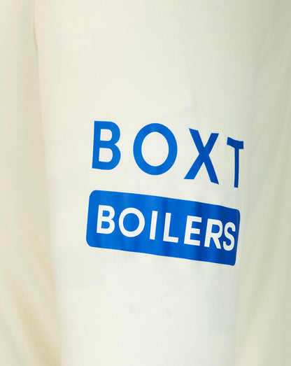 Beige fabric with blue and white 'BOXT BOILERS' text