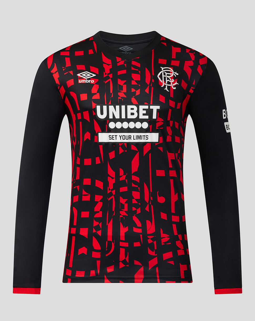 A long-sleeve black and red patterned soccer jersey with white text and logos, including the Umbro brand logo and the Rangers crest, displayed on a neutral gray background.