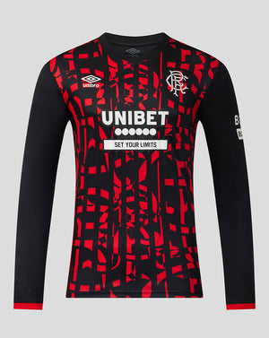 A long-sleeve black and red patterned soccer jersey with white text and logos, including the Umbro brand logo and the Rangers crest, displayed on a neutral gray background.