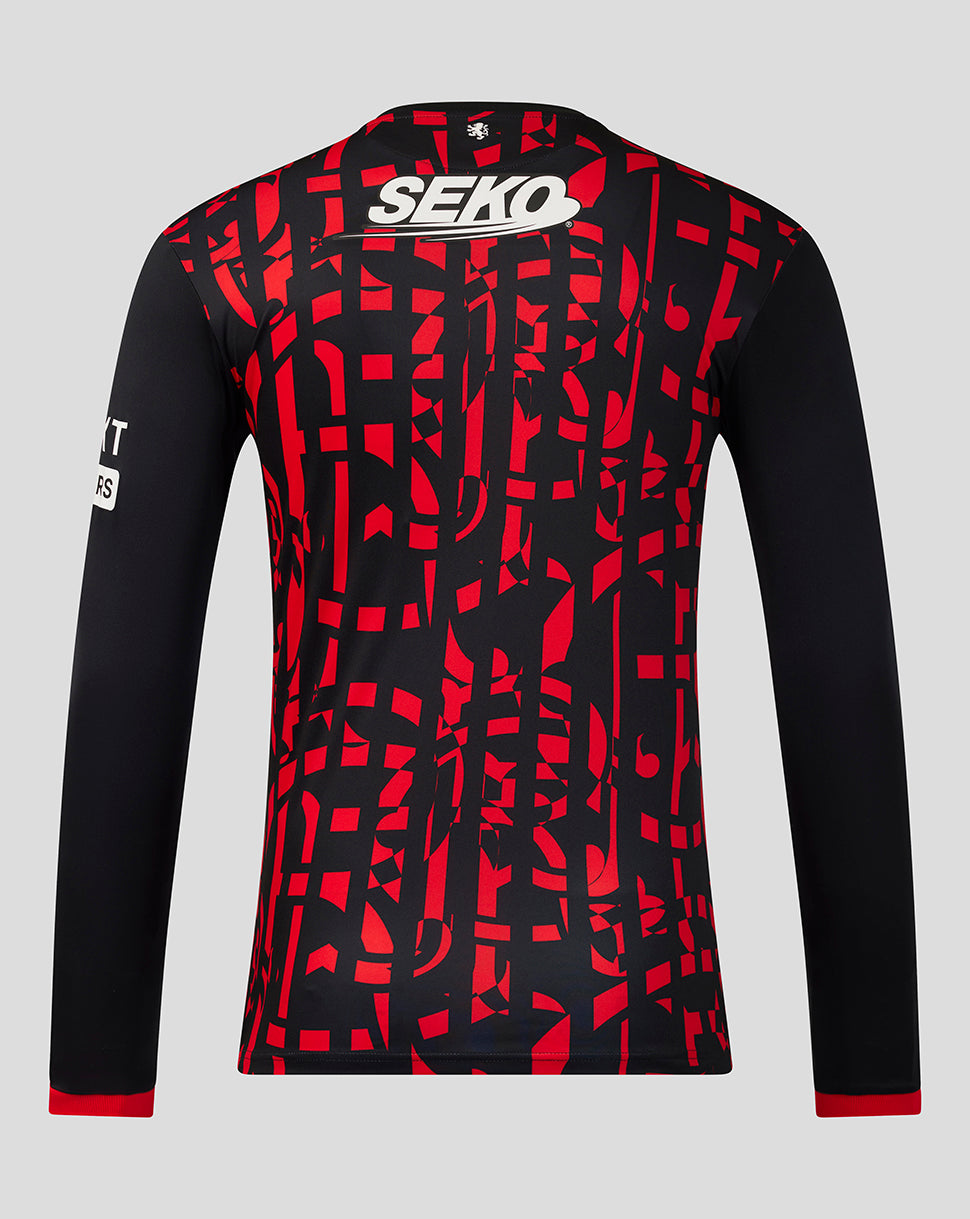 A long-sleeve athletic jersey shown from the back, featuring a black base with a bold red abstract geometric pattern across the upper back and shoulders, solid black sleeves, and a prominent white 'SEKO' logo on the upper back.