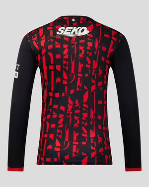 A long-sleeve athletic jersey shown from the back, featuring a black base with a bold red abstract geometric pattern across the upper back and shoulders, solid black sleeves, and a prominent white 'SEKO' logo on the upper back.