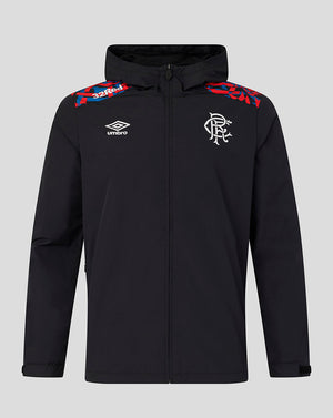 A black full-zip hooded jacket featuring the white Umbro logo on the right chest and the Rangers FC crest on the left chest, with red and blue graphic details on the shoulders, shown against a solid gray background.