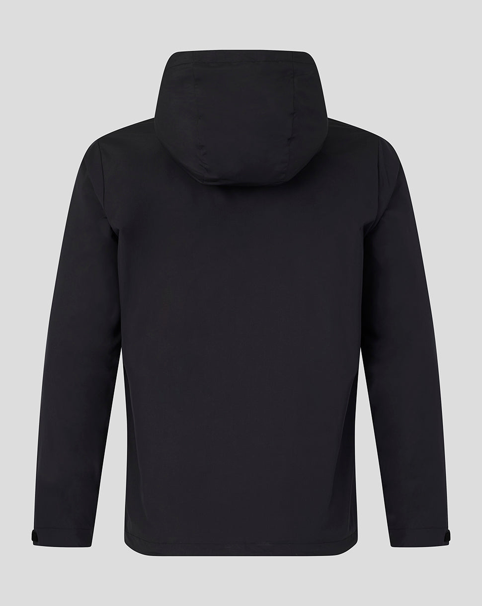 A black hooded jacket shown from the back, photographed against a solid light gray background.