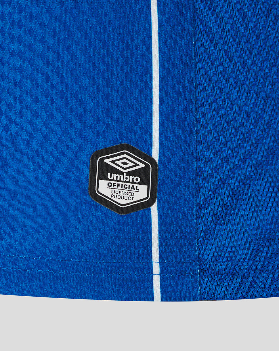 Blue sports shorts with a visible Umbro logo on a white background