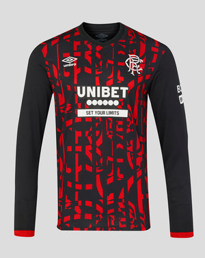 A long-sleeve black and red patterned football jersey with white text and logos, including the Umbro logo and Rangers crest, displayed on a neutral gray background.