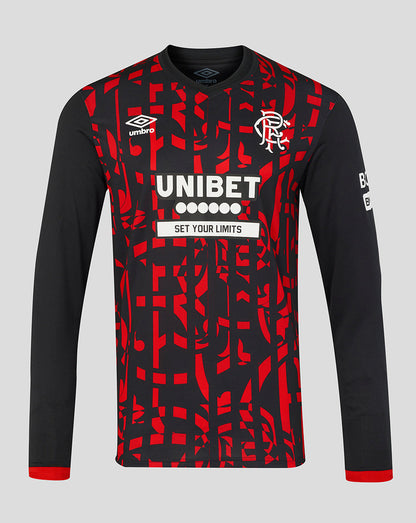 A long-sleeve black and red patterned football jersey with white text and logos, including the Umbro logo and Rangers crest, displayed on a neutral gray background.