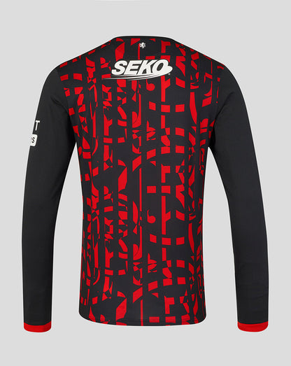 Black and red patterned long-sleeve shirt with 'SEKO' branding on a gray background