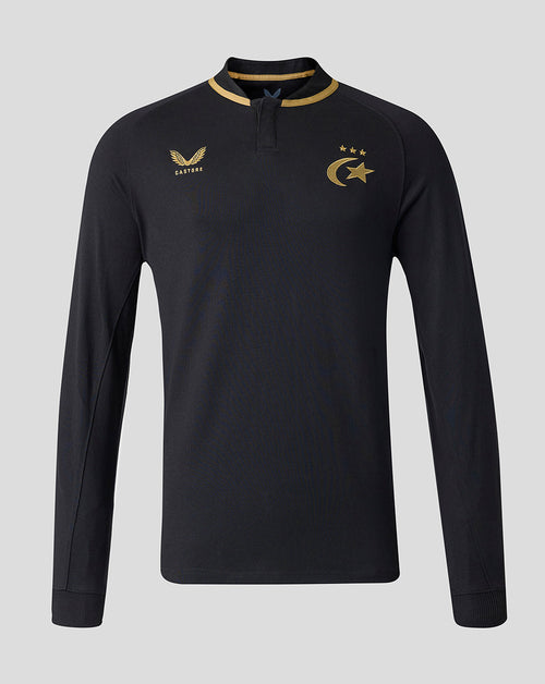 A black long-sleeve athletic quarter-zip pullover with gold accents, featuring the Saracens crescent and star emblem on the left chest, and the Castore brand logo on the right chest, shown against a solid gray background.
