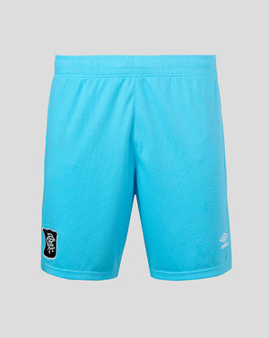 Bright turquoise blue athletic shorts with a textured mesh fabric, featuring a black and white crest patch on the left leg and a white logo on the right leg, displayed against a solid gray background.